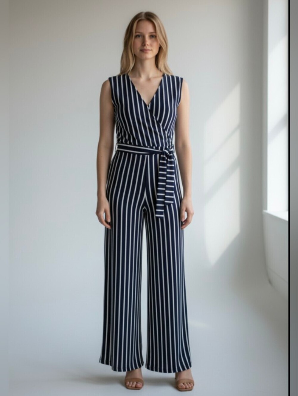 NWT! LAUREN BY RALPH LAUREN! BLACK & CREAM VERTICALLY STRIPED JUMPSUIT! SZ S
